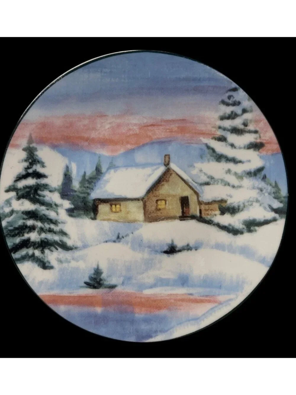 Set Of 2 Decorative Winter Scene Plates With Snowy Cabin Designs Made In China F